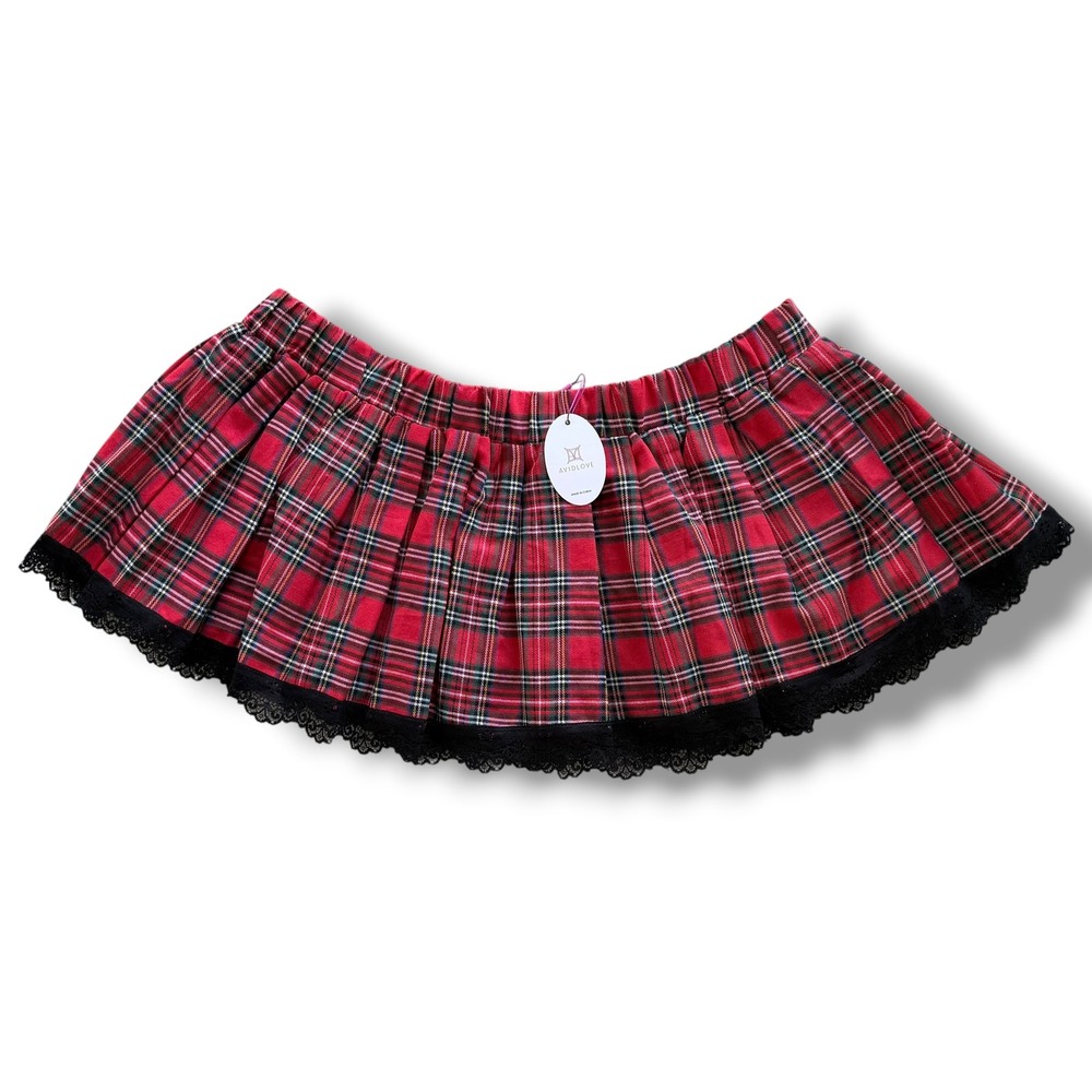 Avidlove 18W Red Plaid Pleated Black Lacetrim Elasticwaist Mini Skirt Schoolgirl